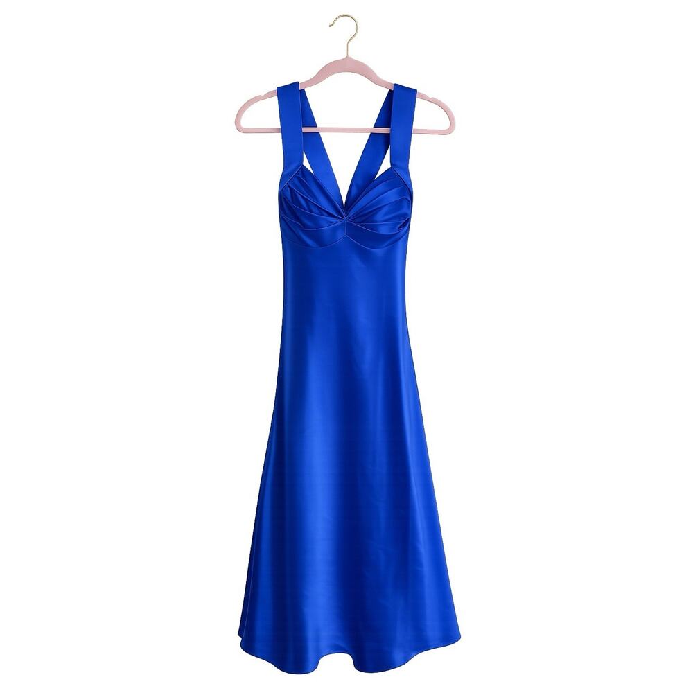 Calvin Klein Royal Blue Satin Fit Flare Dress Crisscross Back Cocktail Wedding 6